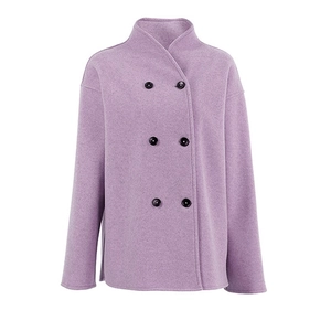 Detail of lavender double-breasted wool coat featuring a stand collar and black buttons