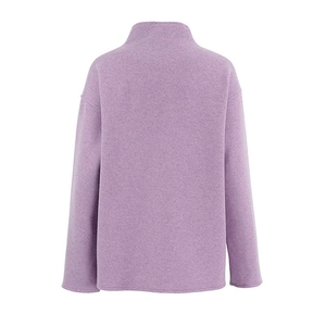 Detail view of the back of a purple knit jacket with stand collar and drop shoulder design