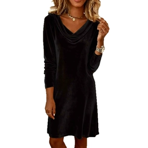 Elegant black velvet long sleeve dress featuring a stylish cowl neck for women
