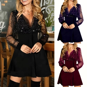Elegant V-neck long sleeve mesh patchwork dress with sequins in black, navy, and burgundy