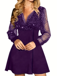 Elegant deep purple V-neck dress with sequined mesh long sleeves and A-line skirt