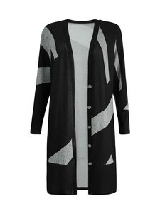 Detail of V-neck cardigan with grey abstract geometric prints and button closure