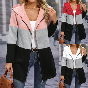 Women's Casual Color Block Hooded Jacket Polyester Spandex Zip Up Patchwork Sweatshirt Top For Autumn Winter Daily Wear