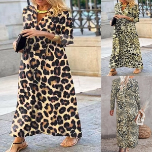 Damen Maxikleid mit Leopardenmuster, V-Ausschnitt und langen Ärmeln in verschiedenen Farben