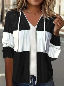 Cardigan Casual da Donna Con Cappuccio E Cerniera Maglia a Costine Blocchi di Colore Righe Manica Lunga Giacca Slim Fit Streetwear