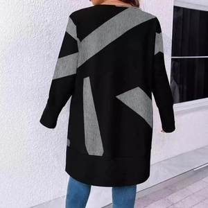 Women's loose casual knit cardigan with black and grey geometric print back view