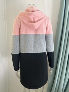 Rear view of color block hooded sweatshirt dress in pink, gray and black knit fabric