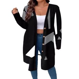 Women's black knit cardigan with grey star print, V-neck, wooden buttons, and long fit