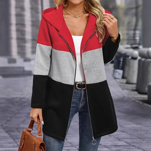 Women's casual color-block hooded jacket with red, grey, and black patchwork design