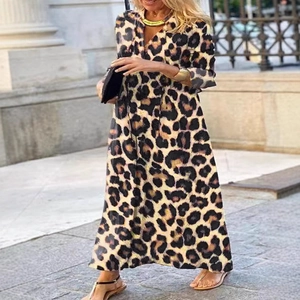 Leopardenmuster Maxi-Damenkleid mit V-Ausschnitt und langen Ärmeln im Casual-Stil
