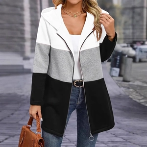 Women's three-color patchwork hooded jacket with casual loose fit and zipper closure