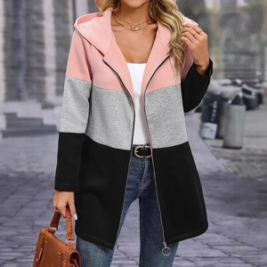 Women's casual hoodie with fashion pink, grey and black color block patchwork design