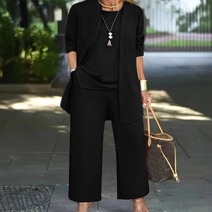Ensemble 3 Pièces Décontracté pour Femmes Gilet à Manches Longues et Pantalon Large Couleur Unie Tenues de Détente pour le Travail