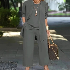 Ensemble 3 pièces pour femme avec cardigan long et pantalon large en gris foncé chic