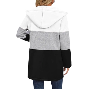 Women's casual color-block hooded jacket featuring a white grey and black patchwork back view