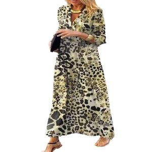 Langärmliges V-Ausschnitt Maxikleid mit Leoparden- und Blumenmuster in Beige