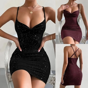 Close-up of glitter V-neck mini dress with criss-cross back straps and draped neckline