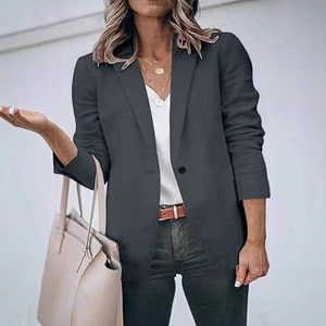 Blazer gris foncé à boutonnage simple pour femme avec col à revers et manches