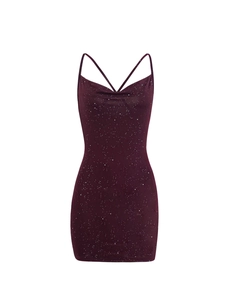 Detail of cross straps on the back of a slim fit wine red sequin cocktail dress