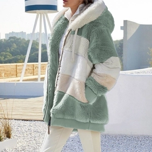 Mint green and cream patchwork fleece hoodie jacket with zipper and drawstrings