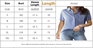 Size chart for striped short sleeve shirt with bust and length guide for S-2XL sizes