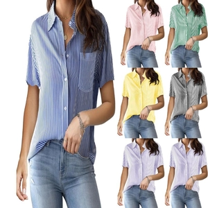 Women's Casual Striped Print Short Sleeve Lapel Single-Breasted Shirt Regular Fit Fashion Summer Blouse Top