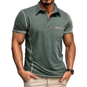 Polo Vintage Américain pour Hommes Surpiqûres Contrastées Manches Courtes Top Été Avec Poche Boutons en Bois Respirant