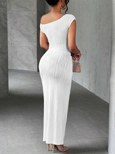 Detailed view of the white one-shoulder maxi dress with vertical plissé pleat texture