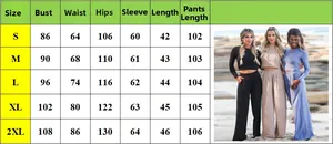 Size chart for women long sleeve top and pants set showing bust waist and length details