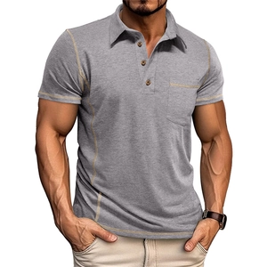 Polo homme gris chiné à manches courtes avec boutons en bois et surpiqûres contrastées