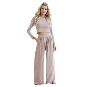 Women's two-piece casual lounge set with long sleeve crop top and wide leg pants