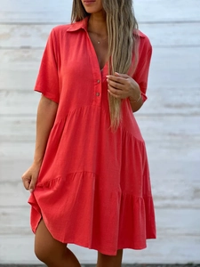 Damen Casual Polyester Kleid Einfarbig Revers Kurzarm Gestufter Patchwork A-Linie Midi Kleid für Sommerurlaub