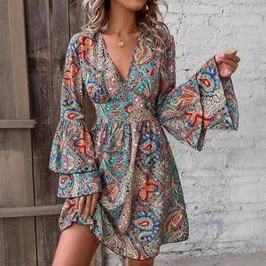 Bohemian paisley print V-neck dress with layered bell sleeves and A-line skirt
