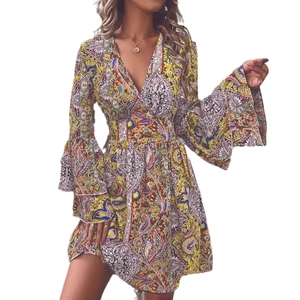 Chic paisley print V-neck mini dress with tiered bell sleeves and high-waist design