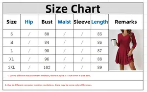 Detailed size chart for long sleeve A-line knit dress with bust and length measurements