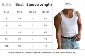 Size chart for men's white gym tank top with detailed bust and length measurements