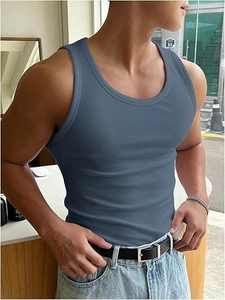 Detailed view of the ribbed knit fabric and U-neck on this slim fit grey-blue men tank top
