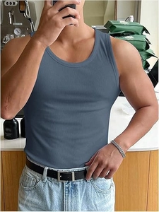Detail of blue-gray ribbed cotton tank top with crew neck and slim fit for men