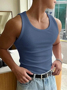 Close-up of men's slim fit ribbed knit tank top showing fabric texture and round neck