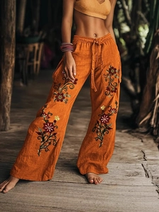 Dames Boheems Bloem Borduurwerk Wijde Pijpen Broek Katoen Linnen Trekkoord Hoge Taille Casual Rechte Broek Met Zakken
