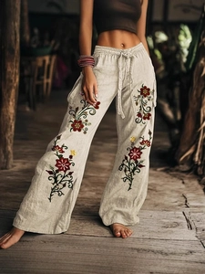 Bohemian linnen broek met hoge taille voor dames met bloemenborduursel en wijde pijpen