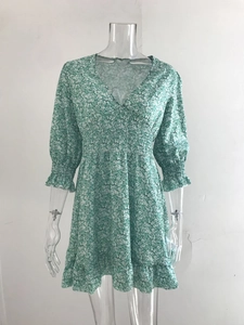 Detail of V-neck floral dress with smocked waist and lantern sleeves for women