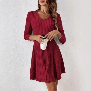 Women's dark red ribbed knit A-line long sleeve mini dress featuring a stylish V-neck