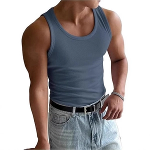 Men's Slim Fit Ribbed Tank Top Sporty Sleeveless Workout Gym Undershirt Breathable Polyester Solid Color Muscle Tee