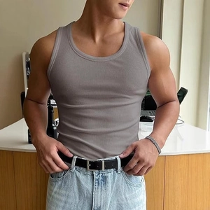 Men's slim fit grey ribbed tank top with round neck for summer fitness and workout