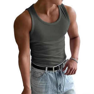 Men's dark grey slim fit ribbed knit tank top with round neck for summer fitness