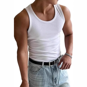 Men's slim fit white ribbed cotton workout tank top with a classic crew neck design