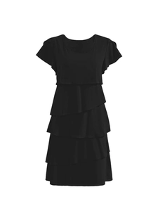 Detail view of the layered black cake dress with flutter sleeves and round neckline