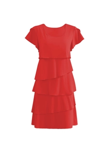 Detail of red tiered dress featuring flutter sleeves and layered ruffled skirt design