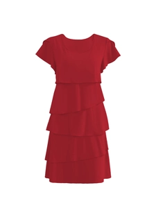Detail view of the red summer dress featuring multi-layered ruffle tiers and round neck